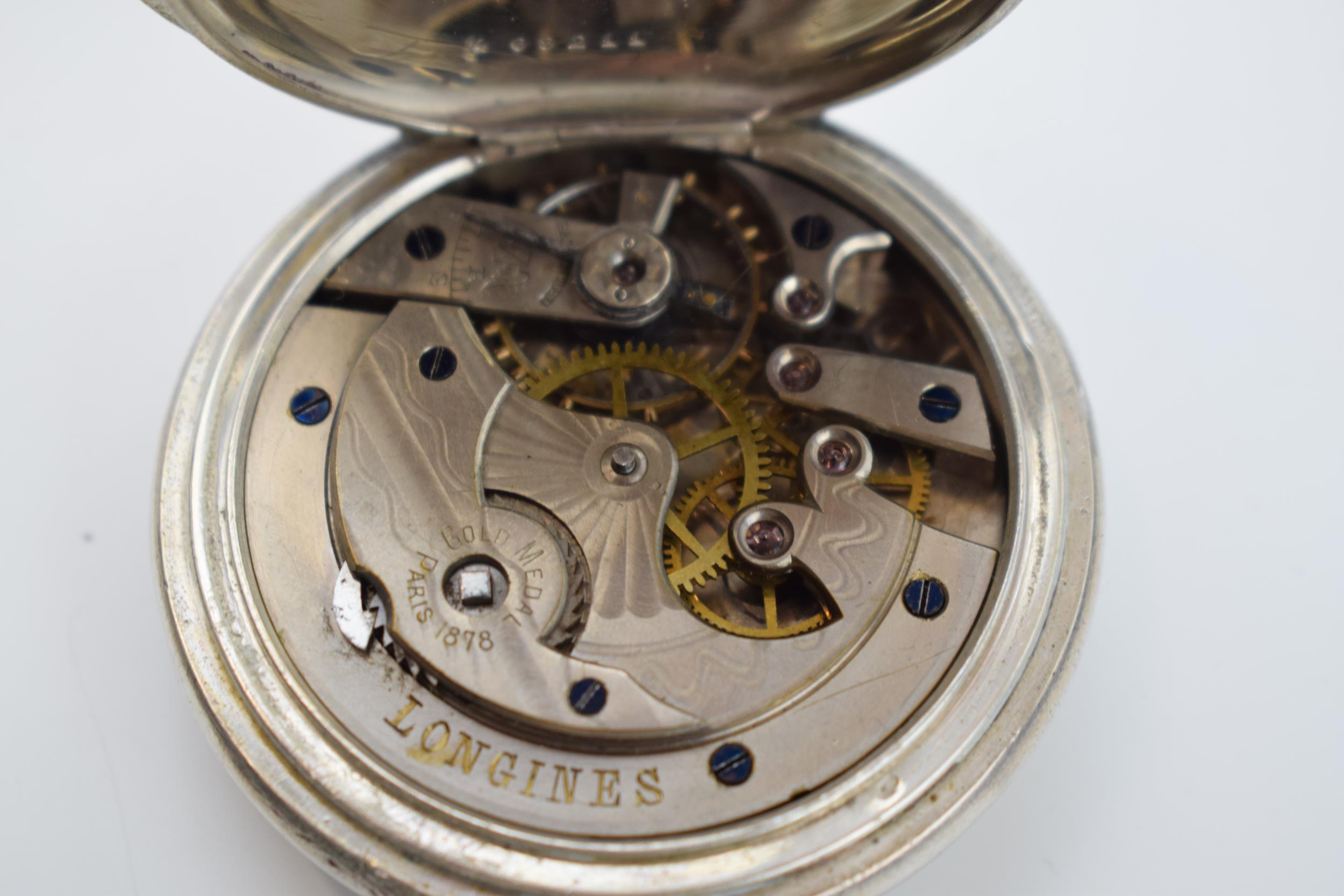 Longines silver full hunter pocket watch marked .800 to inner case. White ceramic dial with Roman - Image 9 of 9