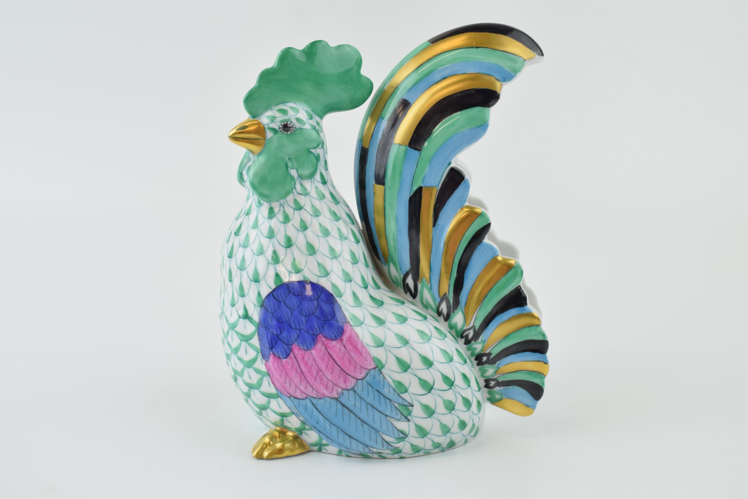 Herend pottery (Hungary) figure of a Cockerel, in green fishnet decoration, 15cm tall. In good - Image 2 of 5