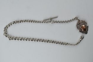 Silver graduated albert chain with hallmarked fob, 48.8 grams, 43cm long. T-bar may be plated