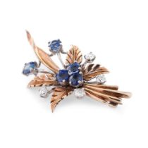 A 9ct yellow gold floral spray brooch, claw set four old-cut diamonds and three round-cut