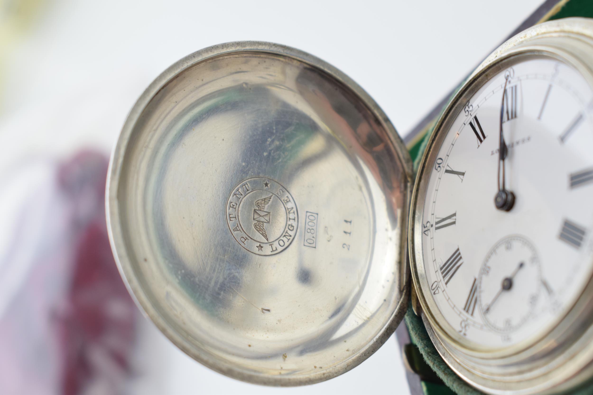 Longines silver full hunter pocket watch marked .800 to inner case. White ceramic dial with Roman - Image 4 of 9