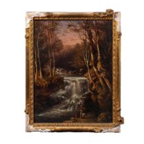 19th century oil on board of a mountainous fishing scene, with a fisherman, 30cmx23cm, in period