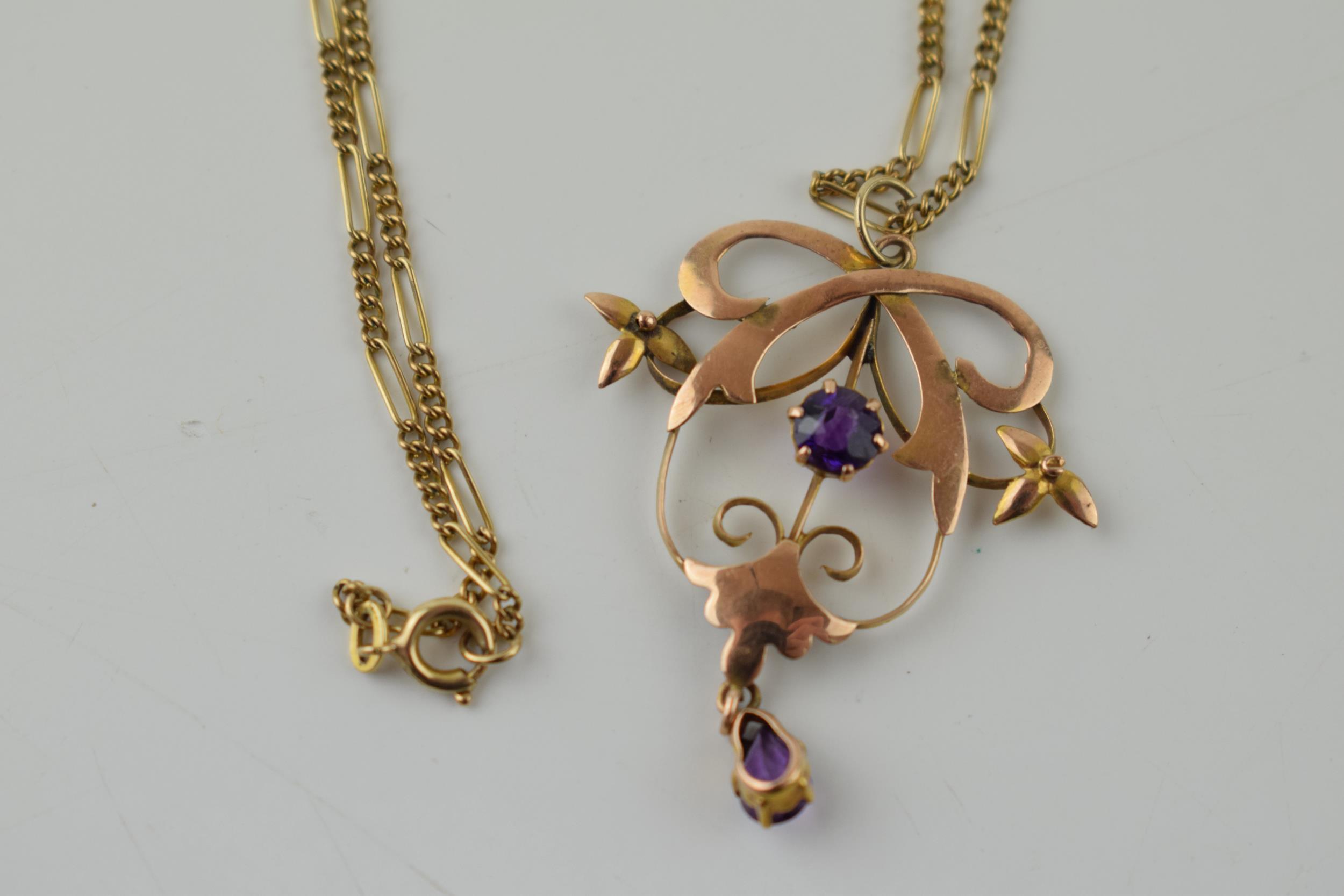 Edwardian 9ct gold pendant and chain, set amethysts, 4.2 grams. - Image 2 of 2