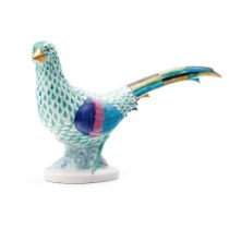 Herend pottery (Hungary) figure of a Pheasant, pattern 5179, in green fishnet decoration, 32cm long.