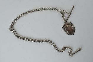 Silver graduated albert chain with silver t-bar and fob, 44.1 grams, 41cm long.