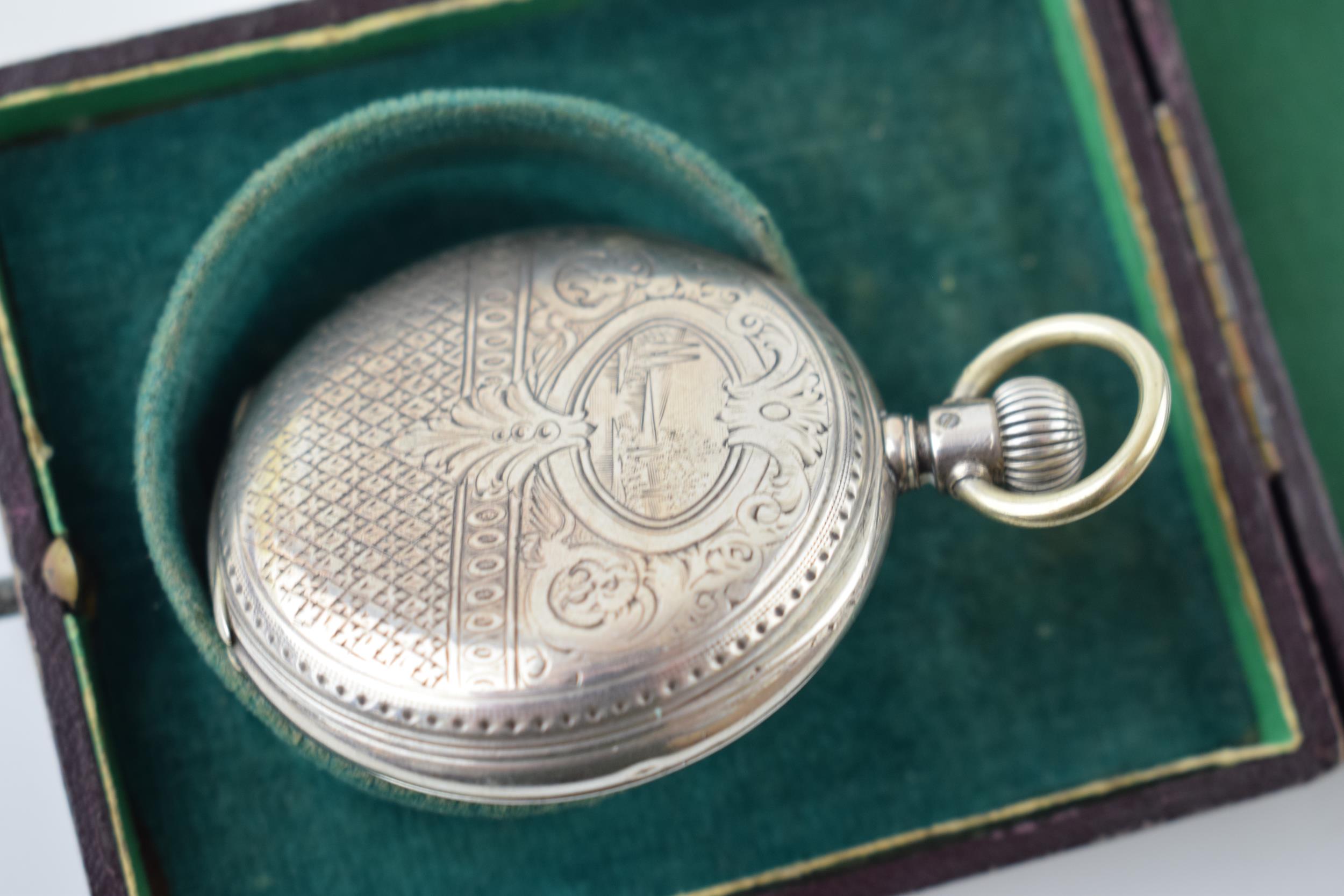 Longines silver full hunter pocket watch marked .800 to inner case. White ceramic dial with Roman - Image 6 of 9