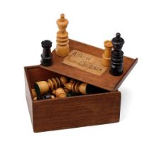 19th century chessmen, boxwood set ' A Set of Chessmen'. King height 11cm in original box. In good