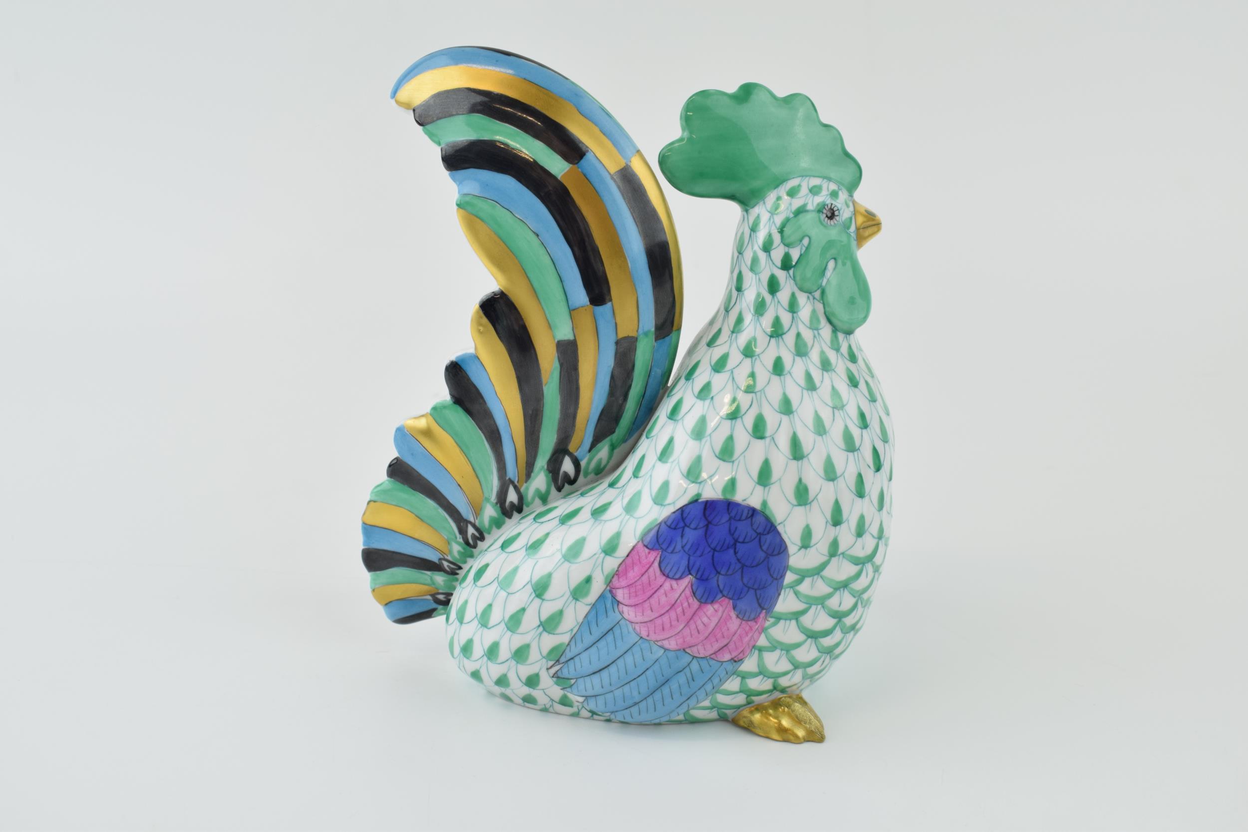Herend pottery (Hungary) figure of a Cockerel, in green fishnet decoration, 15cm tall. In good - Image 3 of 5
