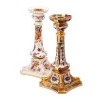 A Royal Crown Derby 1128 Imari tall candlestick, 27cm tall, with a similar Olde Avesbury example (