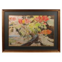 Kathleen Mary Persse (1897 - 1979) Flame Trees in Thika with Chameleon. Watercolour in gilt frame.