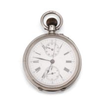 Silver 0.935 chronograph pocket watch with central subsidiary dials, Roman numerals, in working
