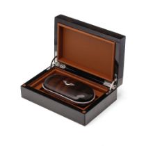 A rare 'Bentley Motors' glasses case in presentation box in burr walnut and aluminium with leather