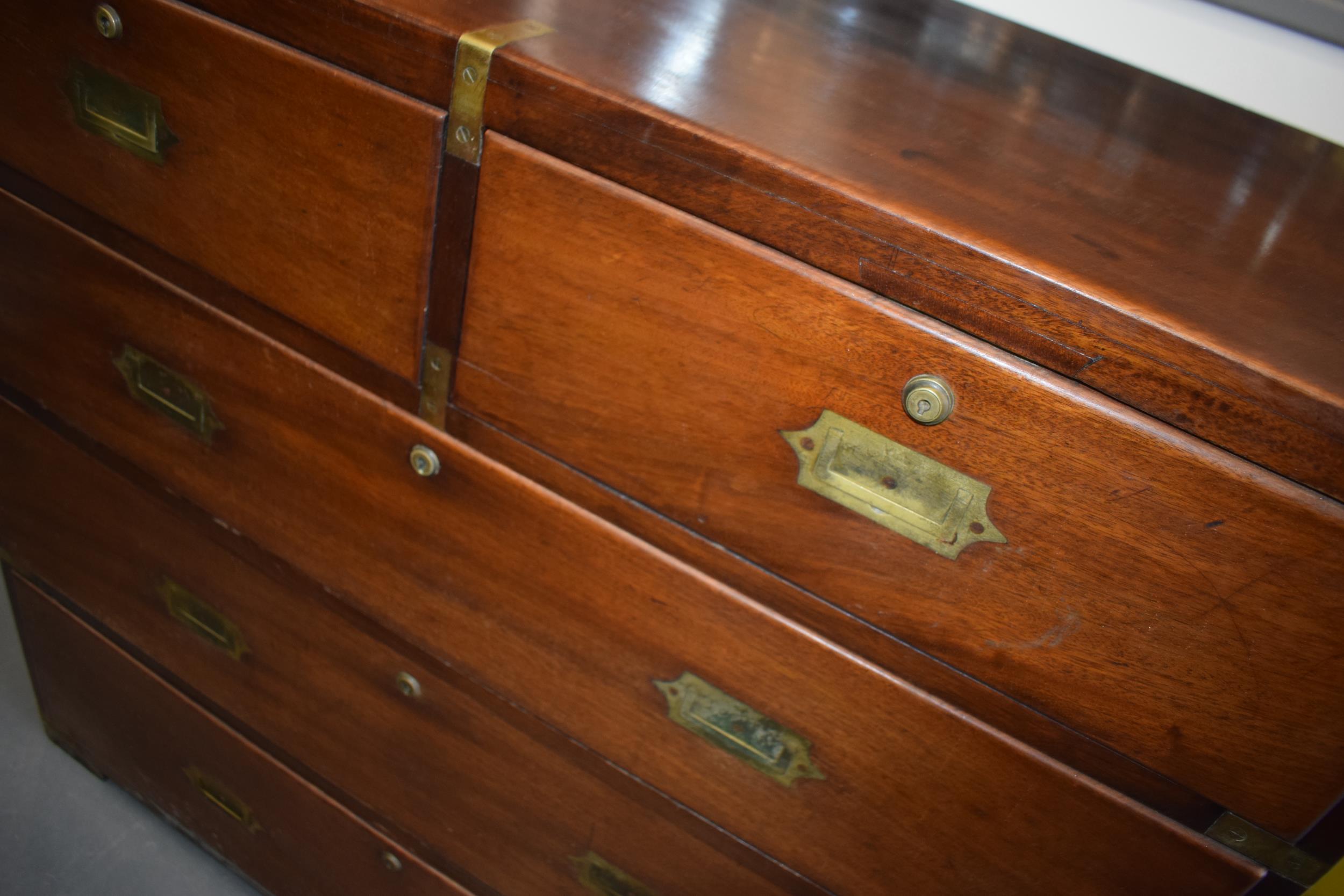 A brass-bound mahogany two-part campaign chest, mid-19th century, fitted with two short and three - Image 7 of 11