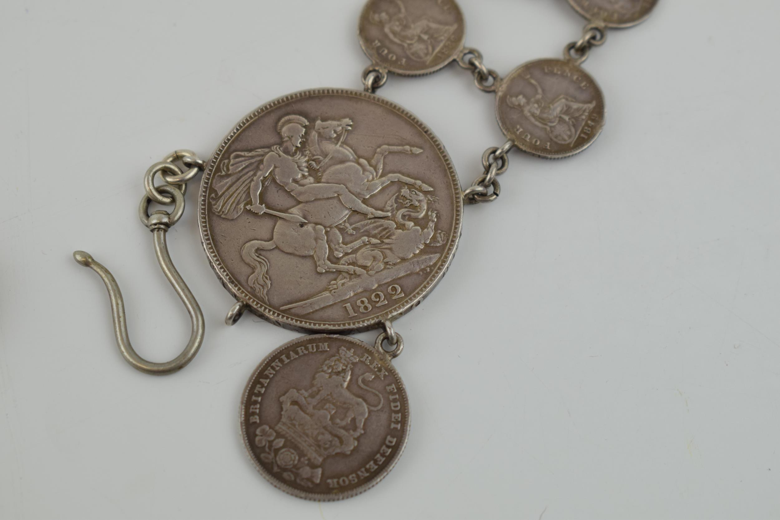 Georgian and Victorian silver coin necklet / chain to include a Georgian 1822 crown with other - Image 3 of 6