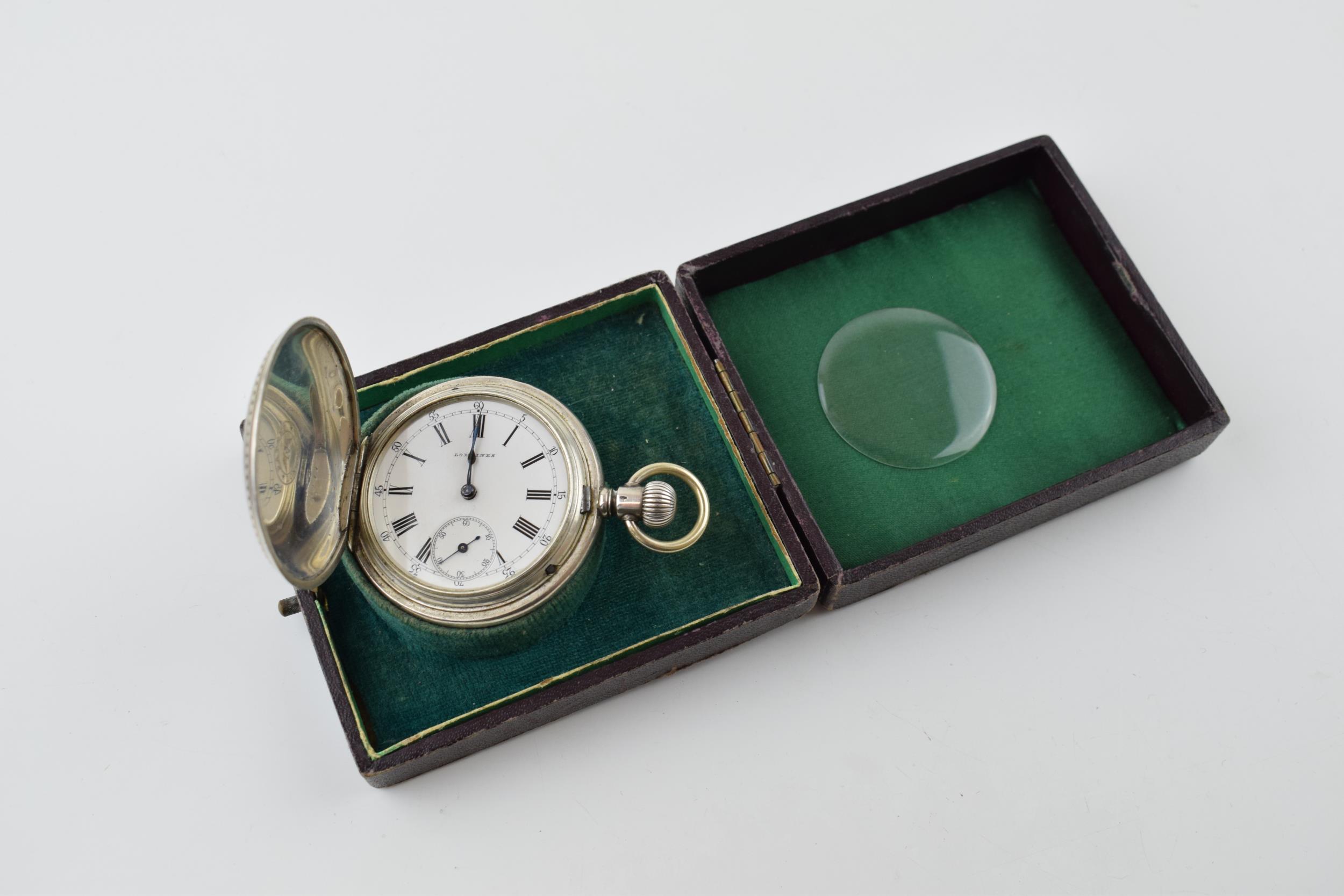 Longines silver full hunter pocket watch marked .800 to inner case. White ceramic dial with Roman - Image 2 of 9