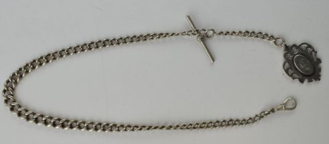 Silver graduated albert chain with fob and plated t-bar, 37.5 grams, 44cm long. Replacement metal
