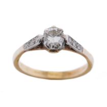 18ct gold solitaire diamond ring, stone measures 0.5ct appx., with diamond set shoulders. Not