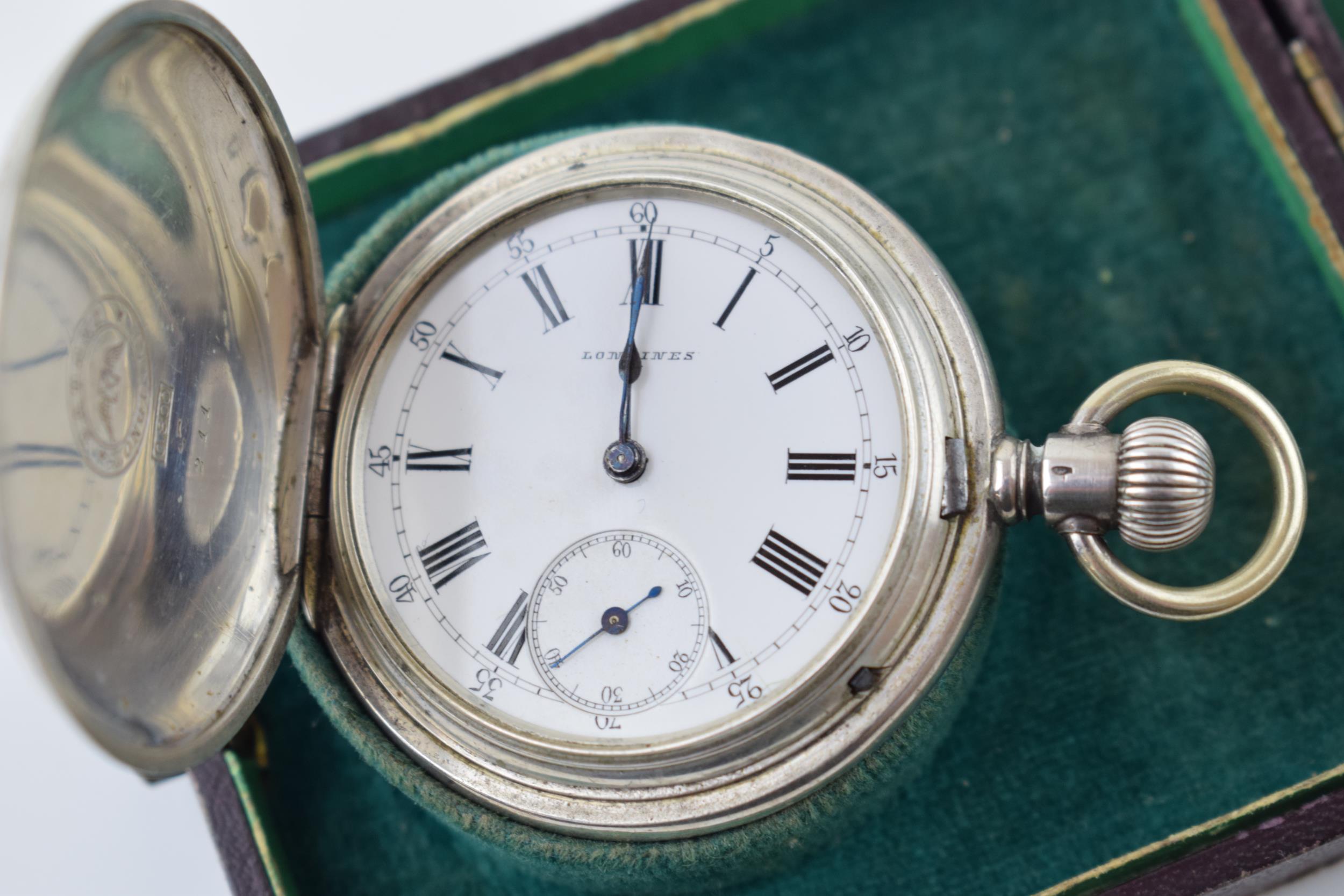 Longines silver full hunter pocket watch marked .800 to inner case. White ceramic dial with Roman - Image 3 of 9