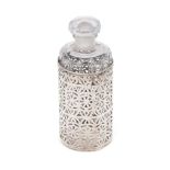 Silver cased perfume bottle, Birm 1904, 13cm tall. In good condition.