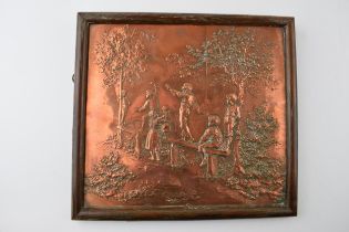 A vintage framed embossed copper panel of children playing within a walled garden, 22cm x 24cm.