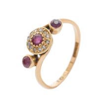 18ct yellow gold ring, Art Deco style, set rubies and diamonds, with central ruby, with diamond