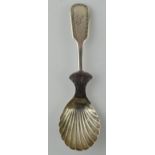 Victorian silver caddy spoon, London 1870, elongated handle, 20.8 grams, 13cm tall. Repair to