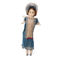 Wax head antique doll in blue dress c1860. Height 54cm. In good antique condition with some light