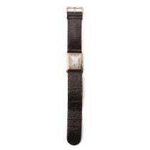 18ct gold and white gold cased vintage manual rectangular wristwatch, on leather strap, circa