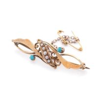 15ct gold brooch set with turquoise & seed pearls, weight 3.5g.