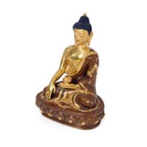 Medicin Buddha in bronze metal with 24k giled finish to limbs and chest, Nepal mid century. Height