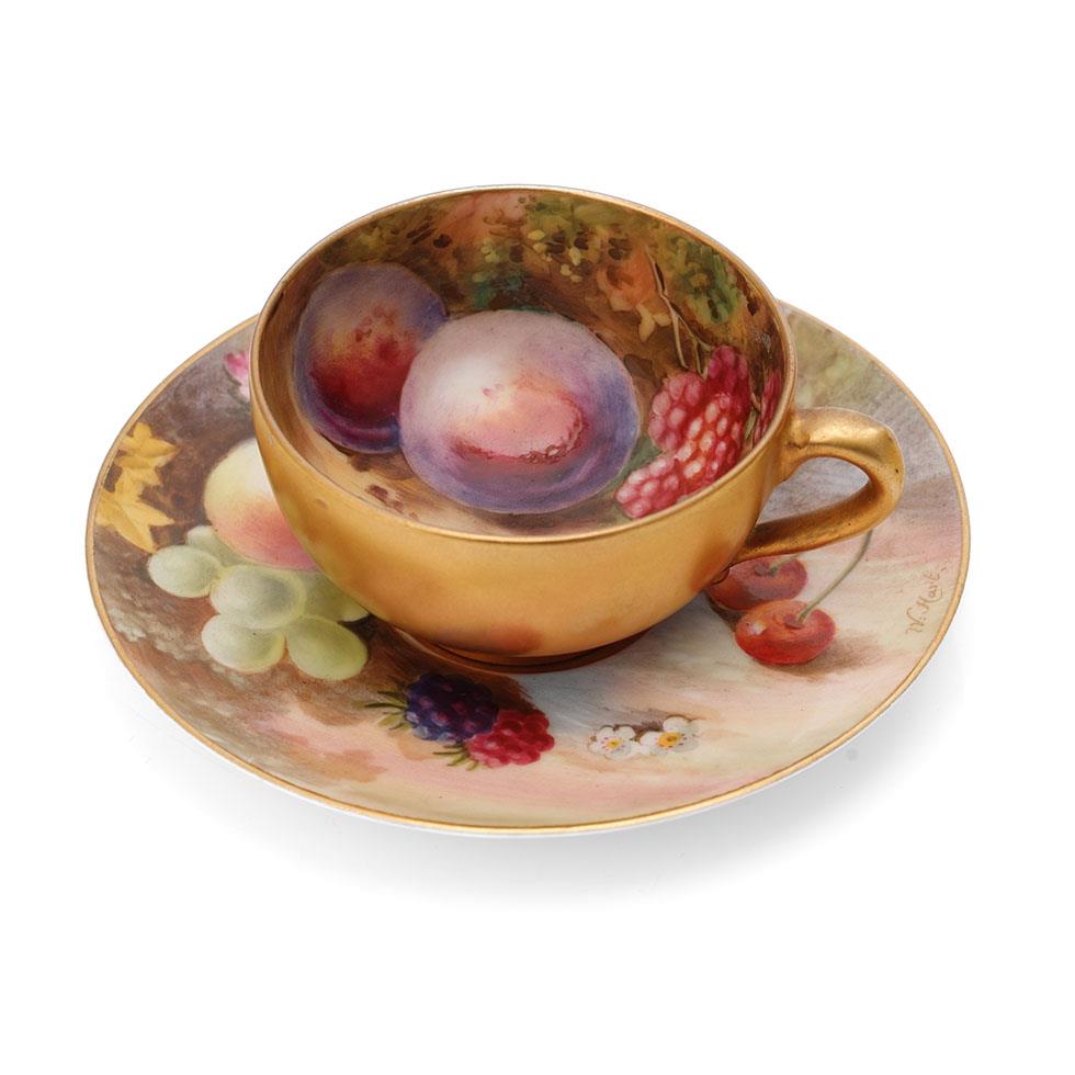 Royal Worcester hand painted fruit scene cup and scene, the saucer signed 'W Hart' and the cup