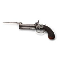 c19th Double Barrel Percussion Cap Pistol with Fitted Bayonet is spring loaded and is working, proof