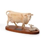 Beswick Charolais Cow and Calf, Connoisseur series, on wooden base. In good condition with no