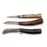 Three Sheffield Made Bone Handle Flat Cap Folding Pocket Knife Pruners one late Victorian Stag