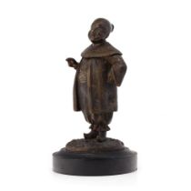 Bronze figure of a Chinese gentleman in traditional costume, mounted onto slate base, in the form of