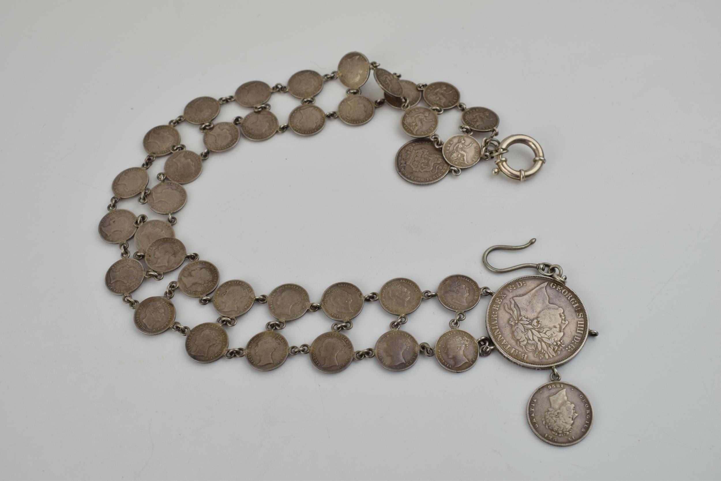 Georgian and Victorian silver coin necklet / chain to include a Georgian 1822 crown with other - Image 5 of 6