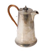 Hallmarked sterling silver coffee pot with ebonised finial and wicker handle, Walker and Hall,