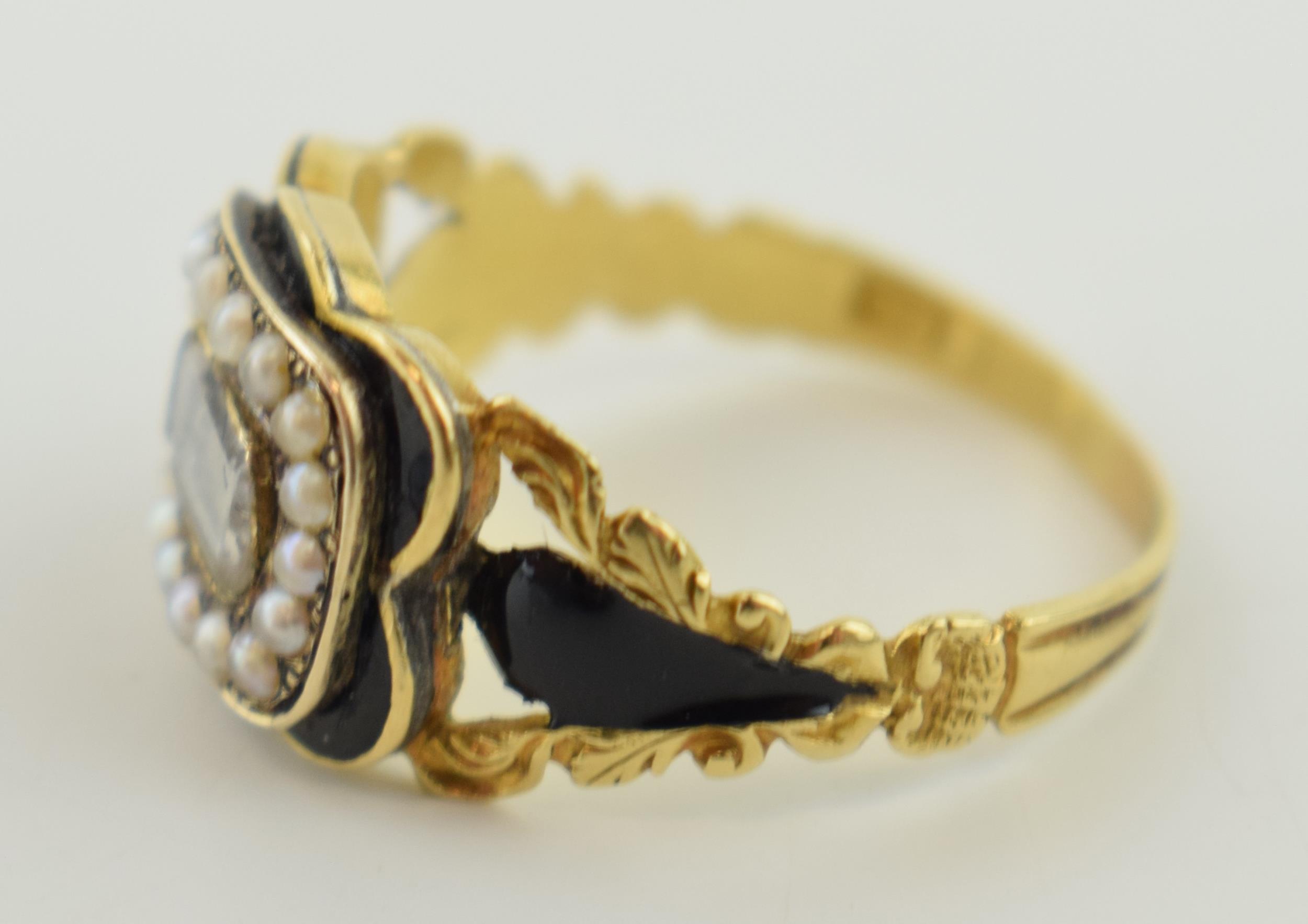 18ct gold Georgian mourning ring set pearls and enamelled decorating, hallmarks rubbed, 3.1 grams, - Image 3 of 4