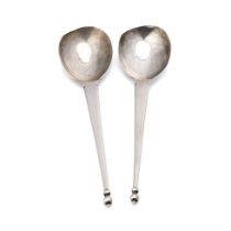 Arts and Crafts style silver spoons, a pair, Hallmarked London 1899 'M & W'. 20cm. Weight 95.9