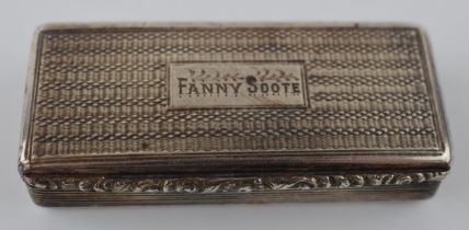 Georgian silver patch box, engineered decoration, raised thumb piece, 50.7 grams, named 'Fanny