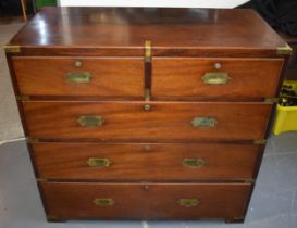 A brass-bound mahogany two-part campaign chest, mid-19th century, fitted with two short and three