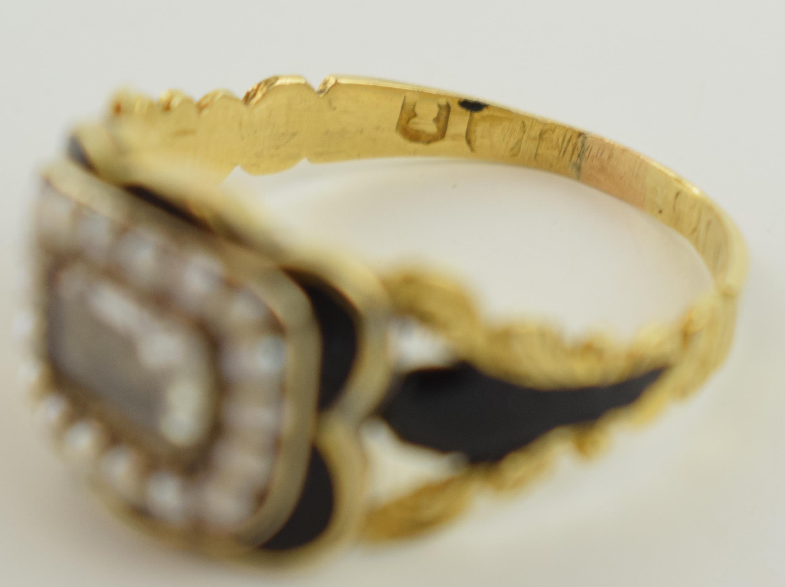 18ct gold Georgian mourning ring set pearls and enamelled decorating, hallmarks rubbed, 3.1 grams, - Image 4 of 4