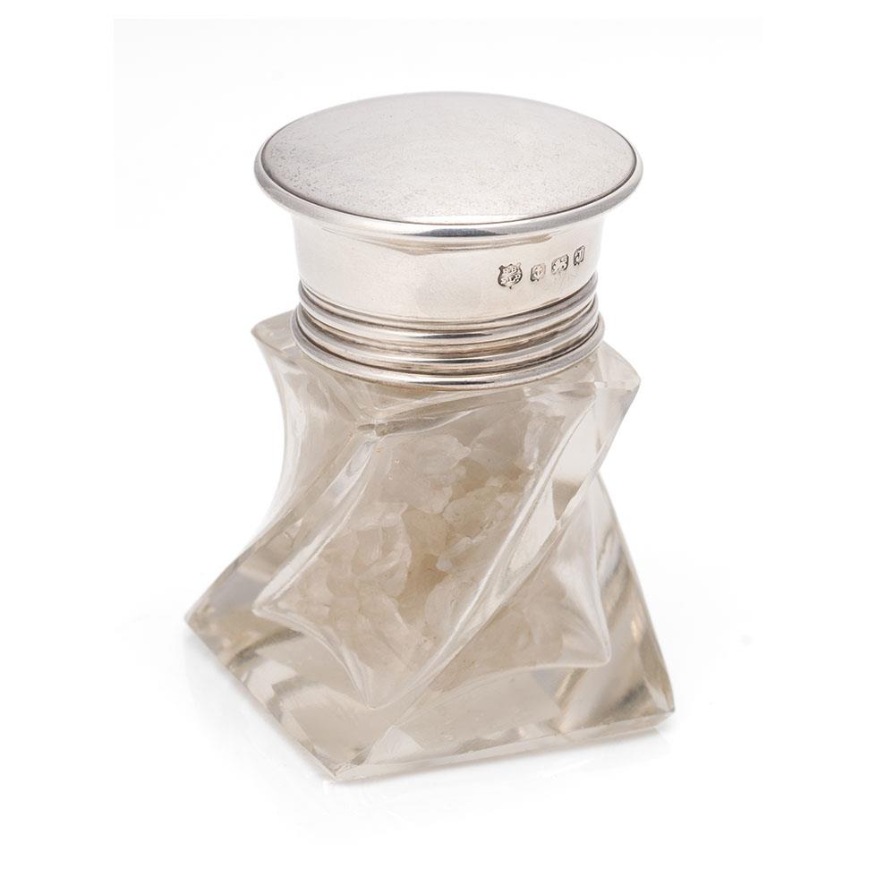 Silver topped unique shape glass jar for smelling salts, with glass stopper, Birm 1933, BBS Ltd, 7cm
