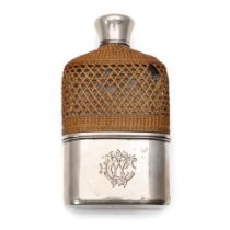 Victorian silver and glass hipflask, with raten effect grip with removable silver cup, cork