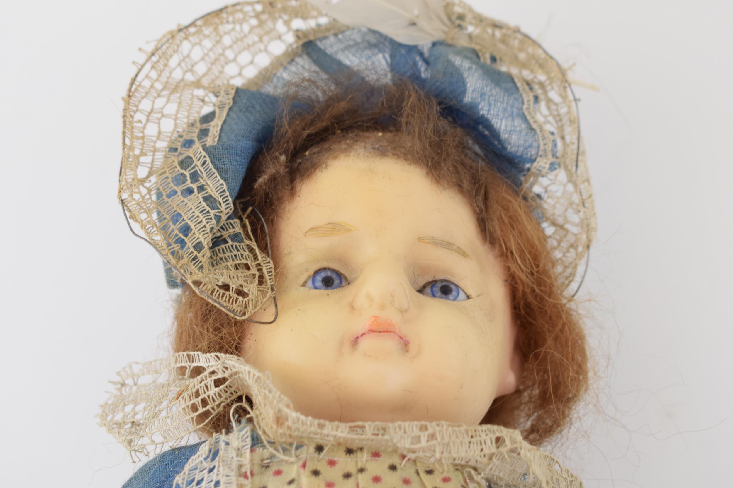 Wax head antique doll in blue dress c1860. Height 54cm. In good antique condition with some light - Image 3 of 7