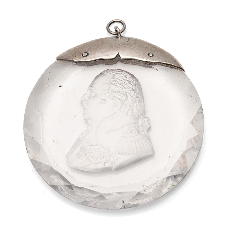 Silver mounted sulfide portrait medallion of Louis XVIII by Louis Desprez of Paris, circa 1814-1824.