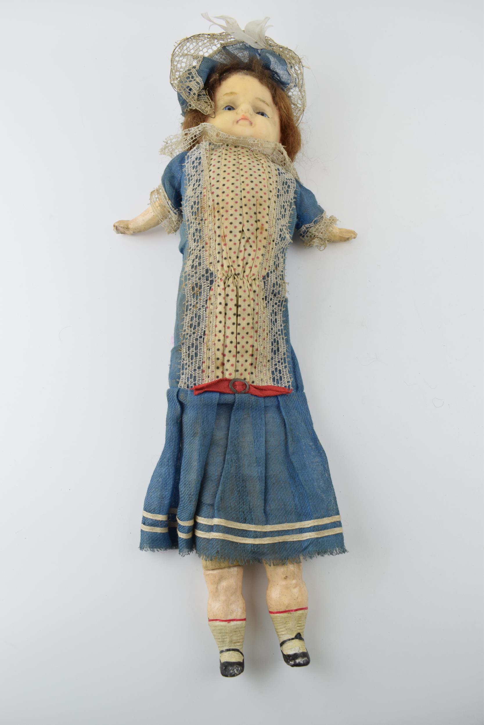 Wax head antique doll in blue dress c1860. Height 54cm. In good antique condition with some light - Image 2 of 7