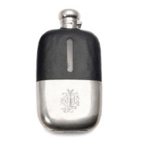 Large silver and glass hipflask with leather grip, cork stopper to screw top lid, 17cm tall,