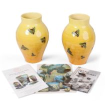 A pair of Dennis China Works bulbous vases, by Sally Tuffin, with a honeycomb and bee design, 24cm