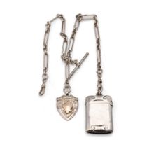 Hallmarked silver albert watch chain with silver T-bar and fob, with silver vesta case, 52.6 grams